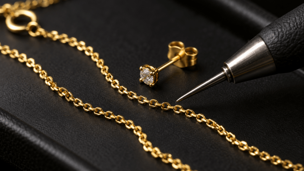 A delicate gold chain and small stud earring beside a testing-probe tip.
