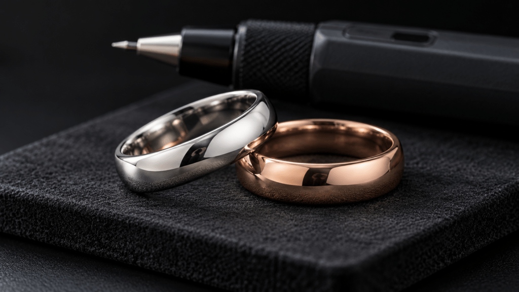 White-toned and rose-gold wedding bands beside an electronic testing pen.