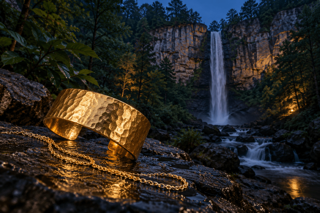 Hammered gold cuff and fine chain with a waterfall scene inspired by Toccoa Falls