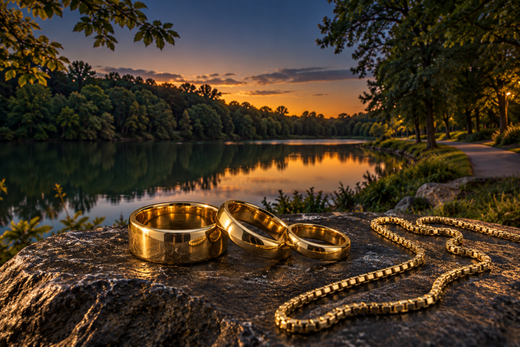 Three gold bands and a box chain beside a wooded lake scene inspired by Tucker's Henderson Park