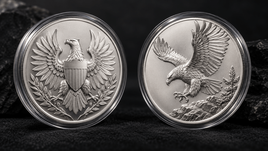 Illustration of two silver coin designs with heraldic and landing-eagle motifs.