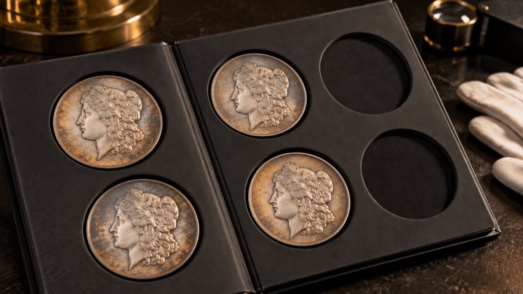 Four silver-colored portrait coins in a black folder with two empty openings.