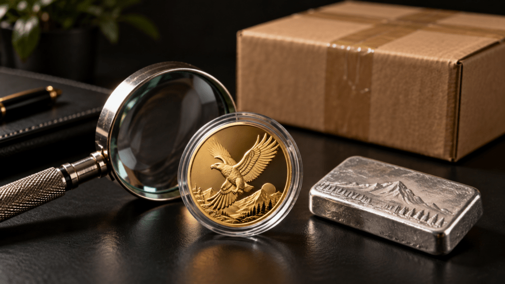 A gold coin, silver bar and magnifying glass beside a plain shipping parcel.