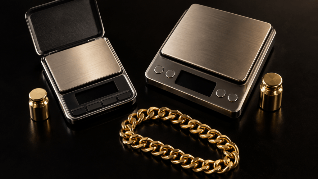 Two compact scales with calibration weights beside a loop of gold chain.