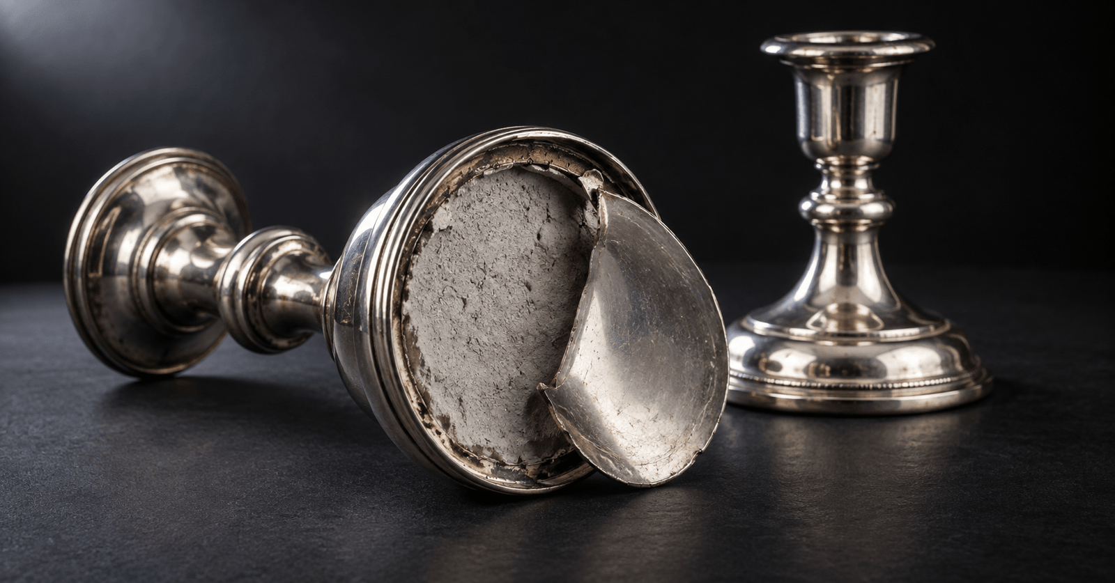 Weighted sterling silver candlestick with its opened base revealing filler.