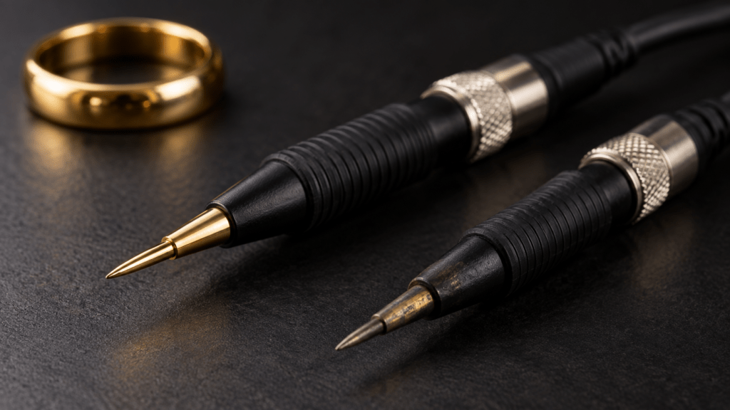 Two detachable gold-testing probes showing clean and worn tips.