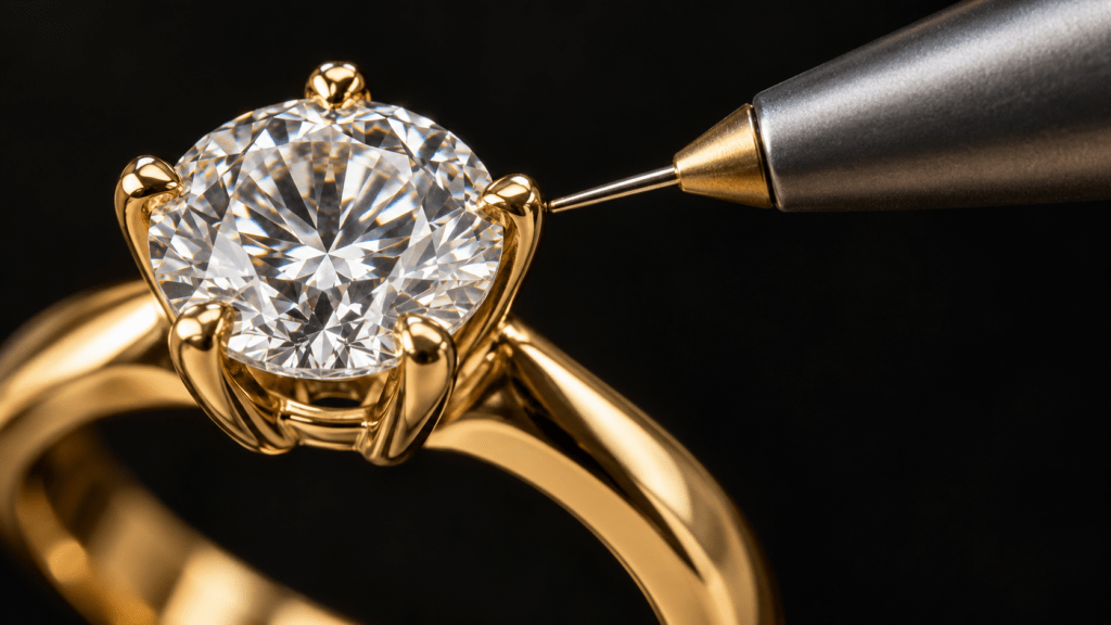 A tester probe touching a gold-colored prong beside a clear gemstone in a ring.
