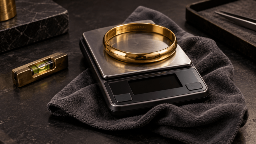 A gold bangle on a pocket scale partly resting on a wrinkled cloth beside a small level.