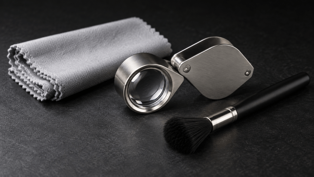 A folding jeweler’s loupe beside a microfiber cloth and lens brush.