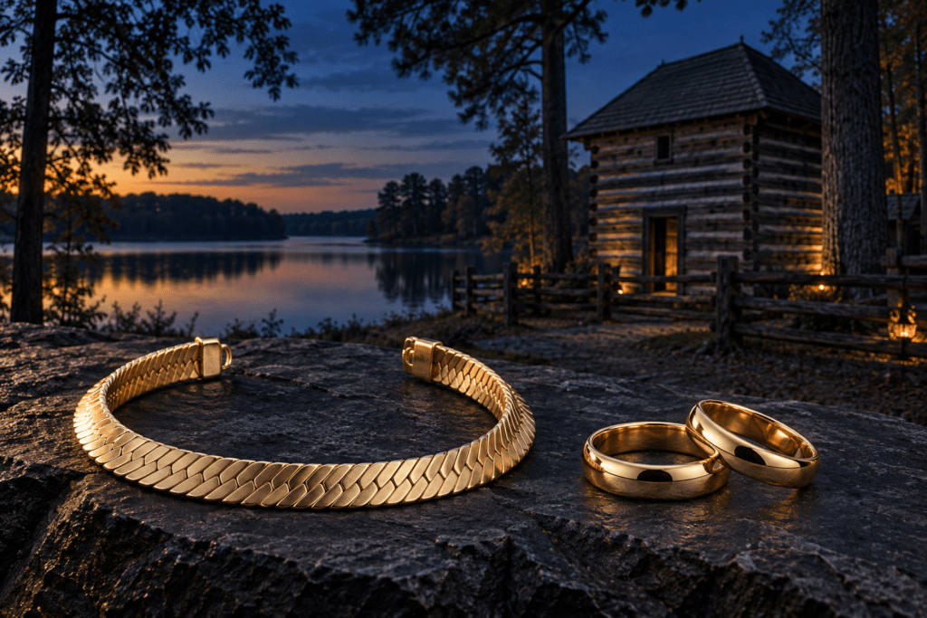 Gold herringbone bracelet and two bands with a Winder-inspired log fort and lake at Fort Yargo State Park