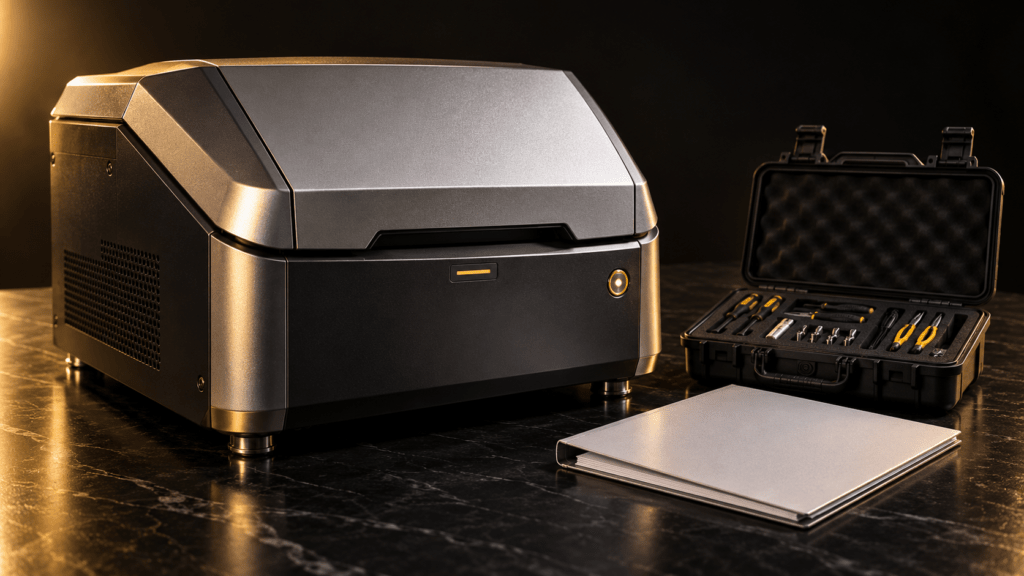 Illustration of a benchtop XRF analyzer beside a maintenance folder and service case.
